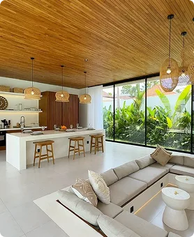 Minimal villa kitchen with warm natural finishes